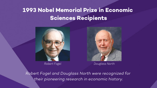 Robert Fogel and Douglass North were recognized for their pioneering research in economic history.